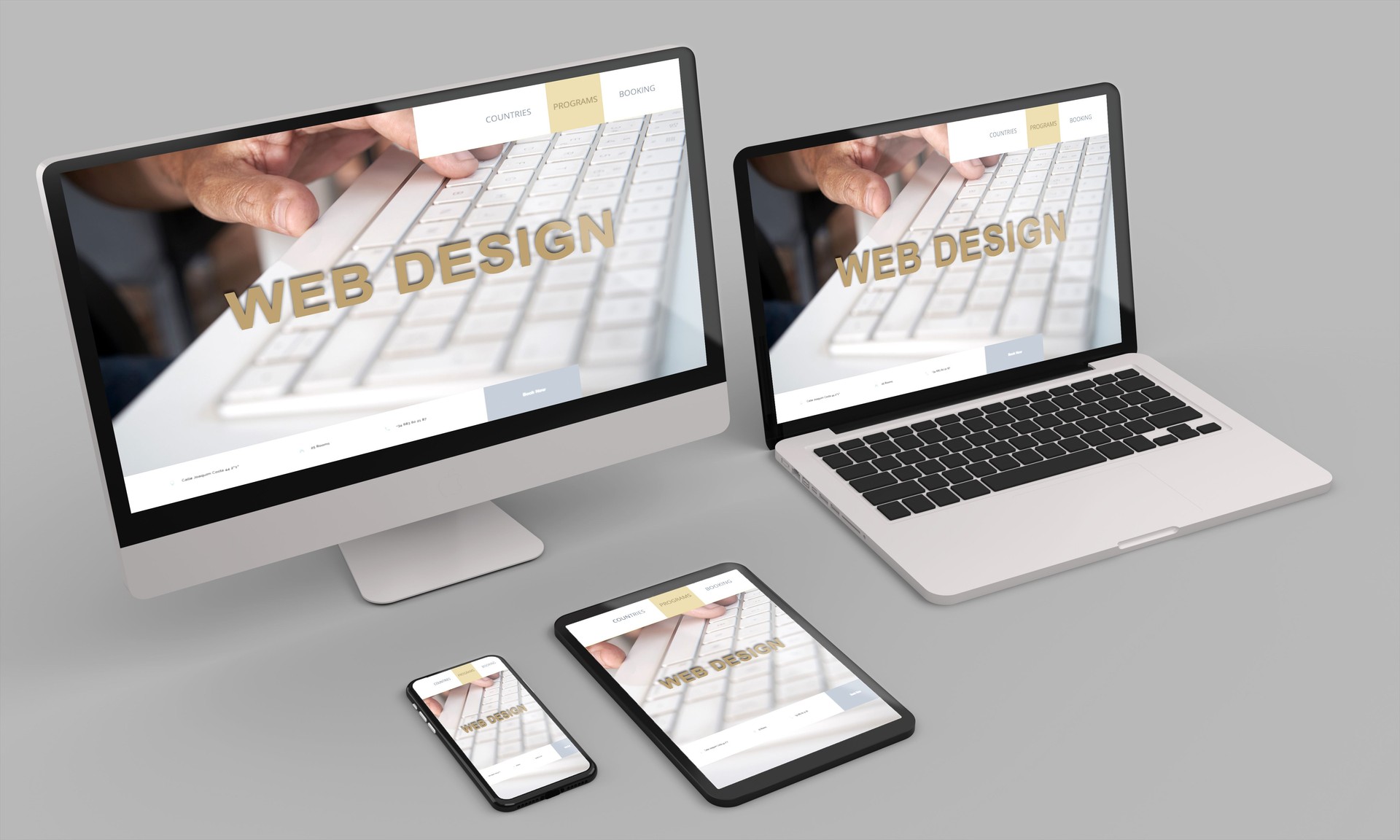 Workspace at home with a desktop computer 3d rendering mockup.Modern Web responsive concept . 3d illustration